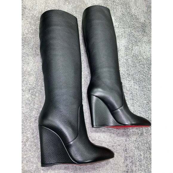 Christian Louboutin Civiliza 100 Black Calf Leather Knee High Wedge Heel Boot 38 - Picture 4 of 12